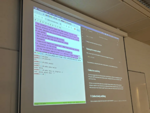 An projection showing the workshop slides from Practicing protocols alongside the collective working pad we used for debugging at 4S/EASST.